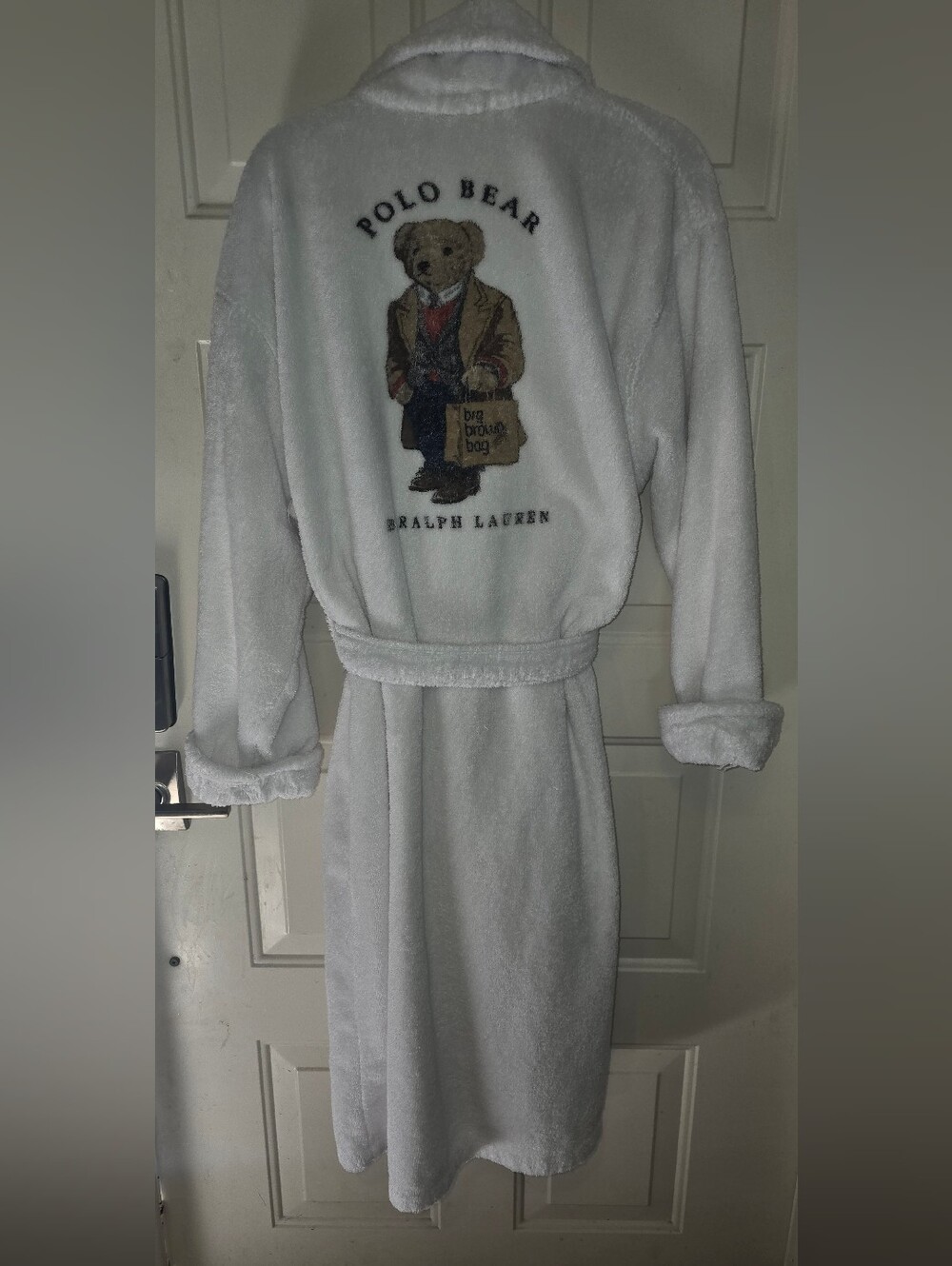 Polo Ralph Lauren Mens Robe L XL White Plush Big Brown Bag Polo Bear Exclusive